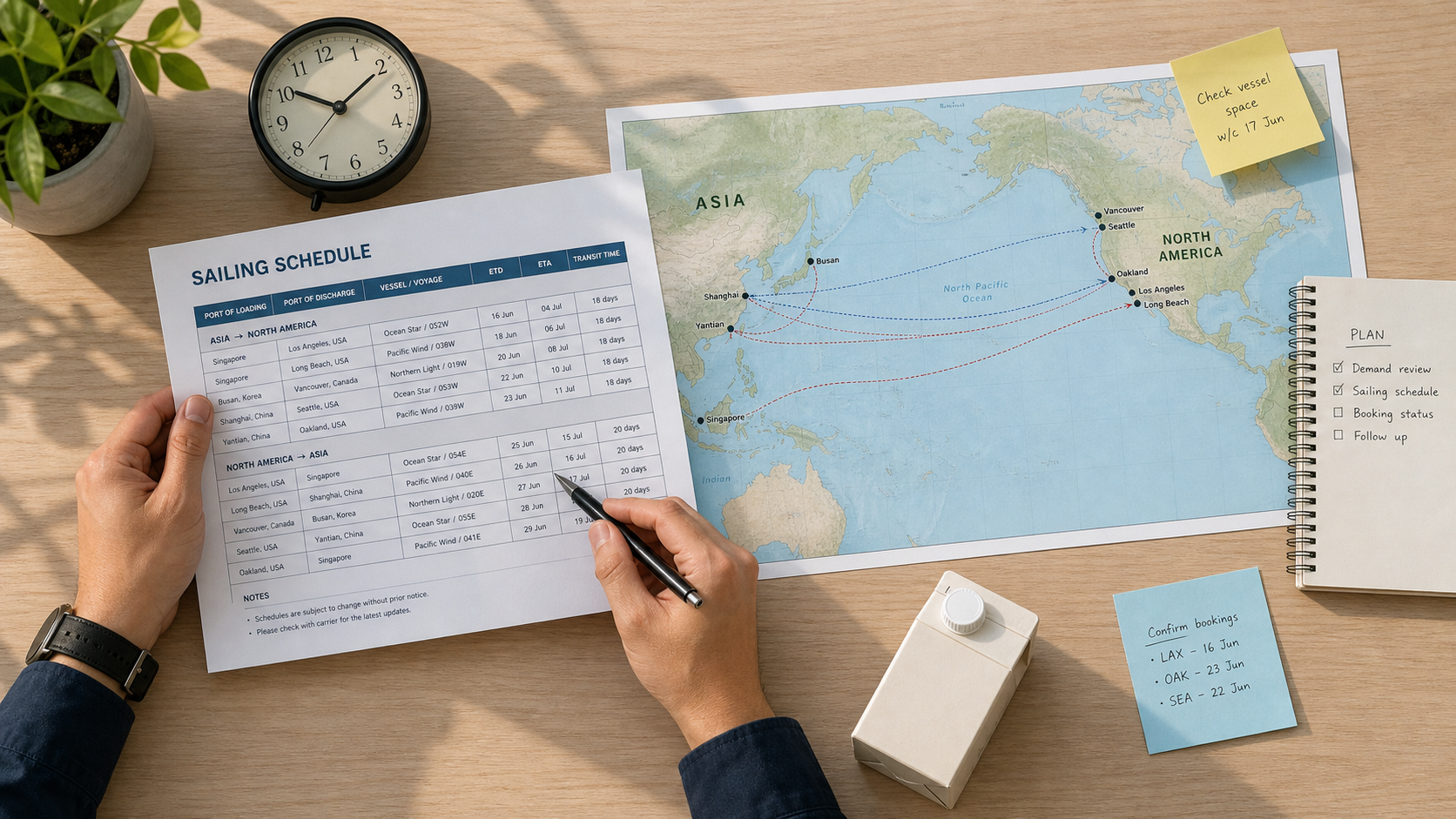 Planner reviewing Vietnam port sailing schedule and transit times on a map