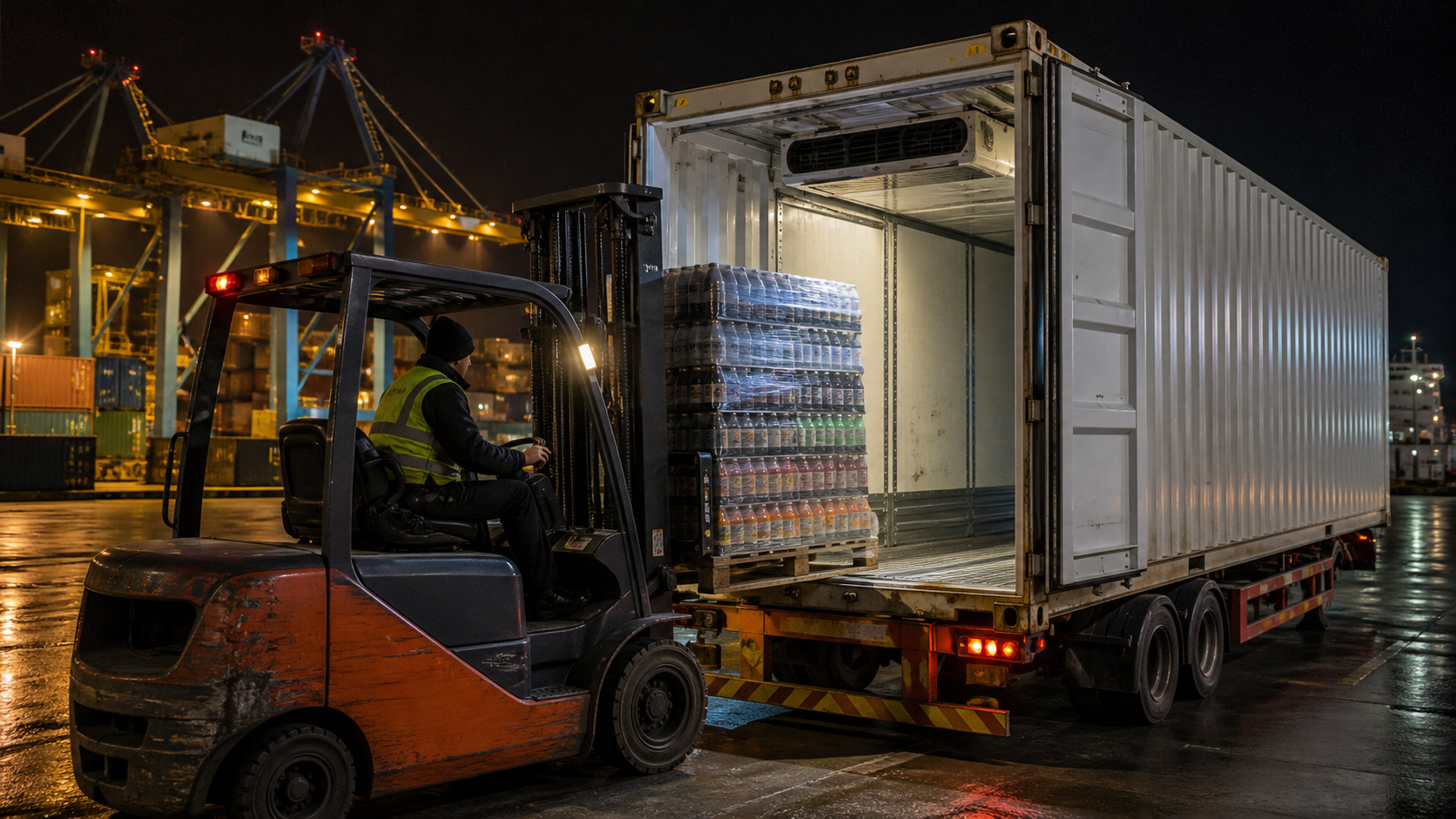 Reefer container loading beverage pallets at Ho Chi Minh City port