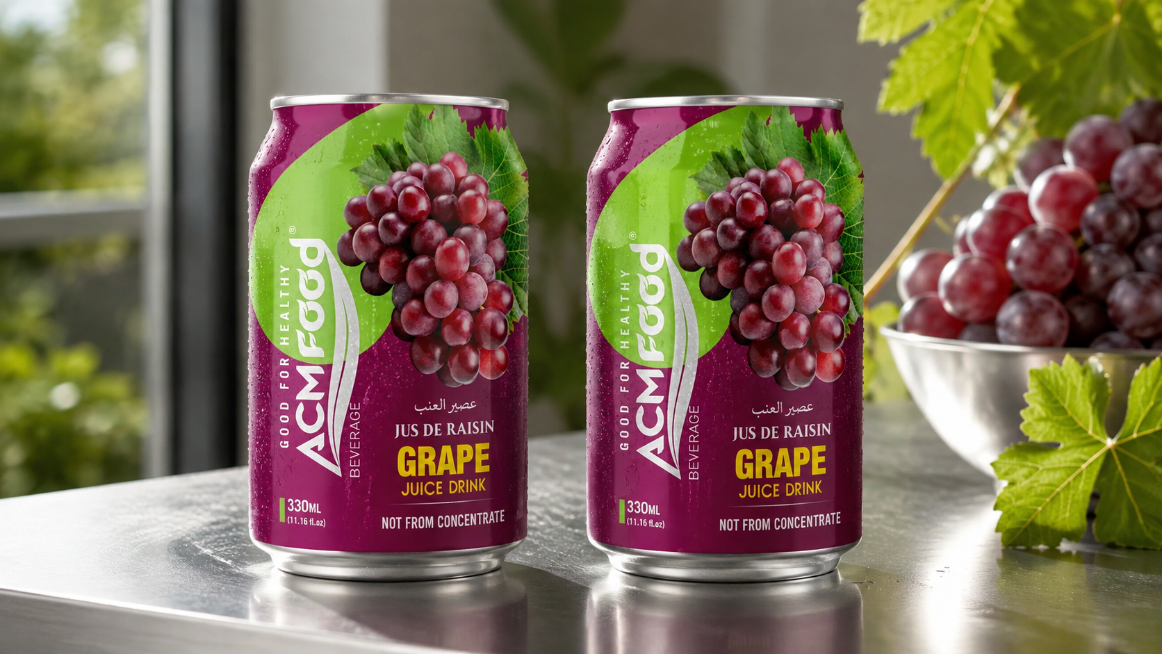 Beverage cans with shrink sleeve labels and directly printed cans side by side on a stainless steel table, natural light, commercial product photography, landscape composition