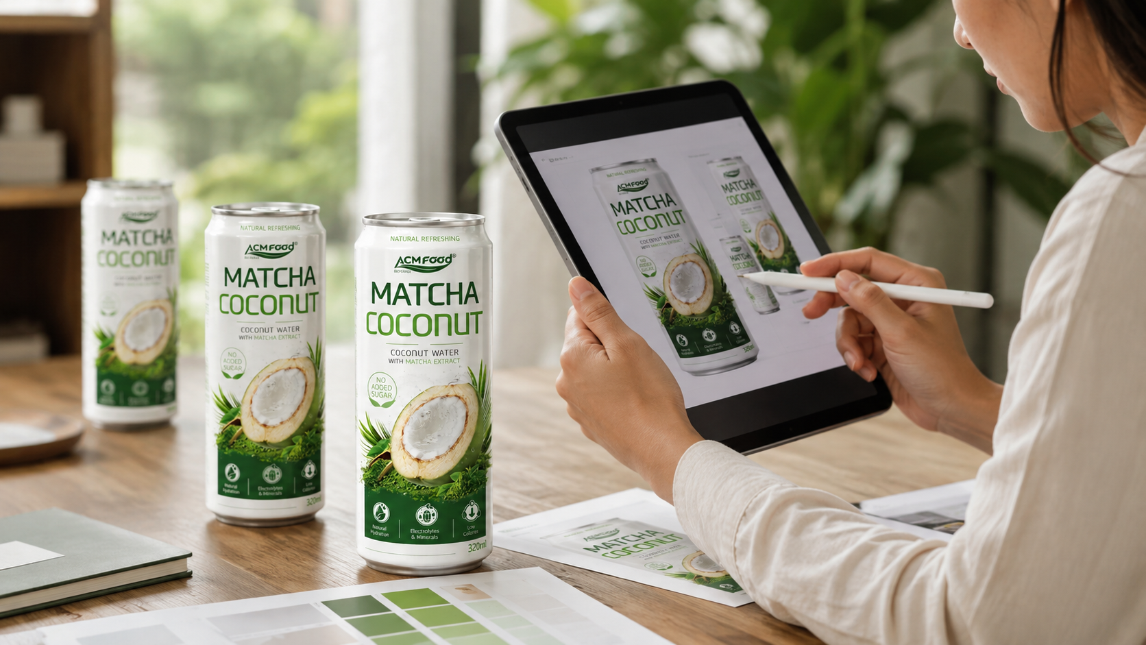 Beverage brand manager reviewing can label design proofs on a tablet next to sample cans, soft natural light, commercial photography, landscape composition