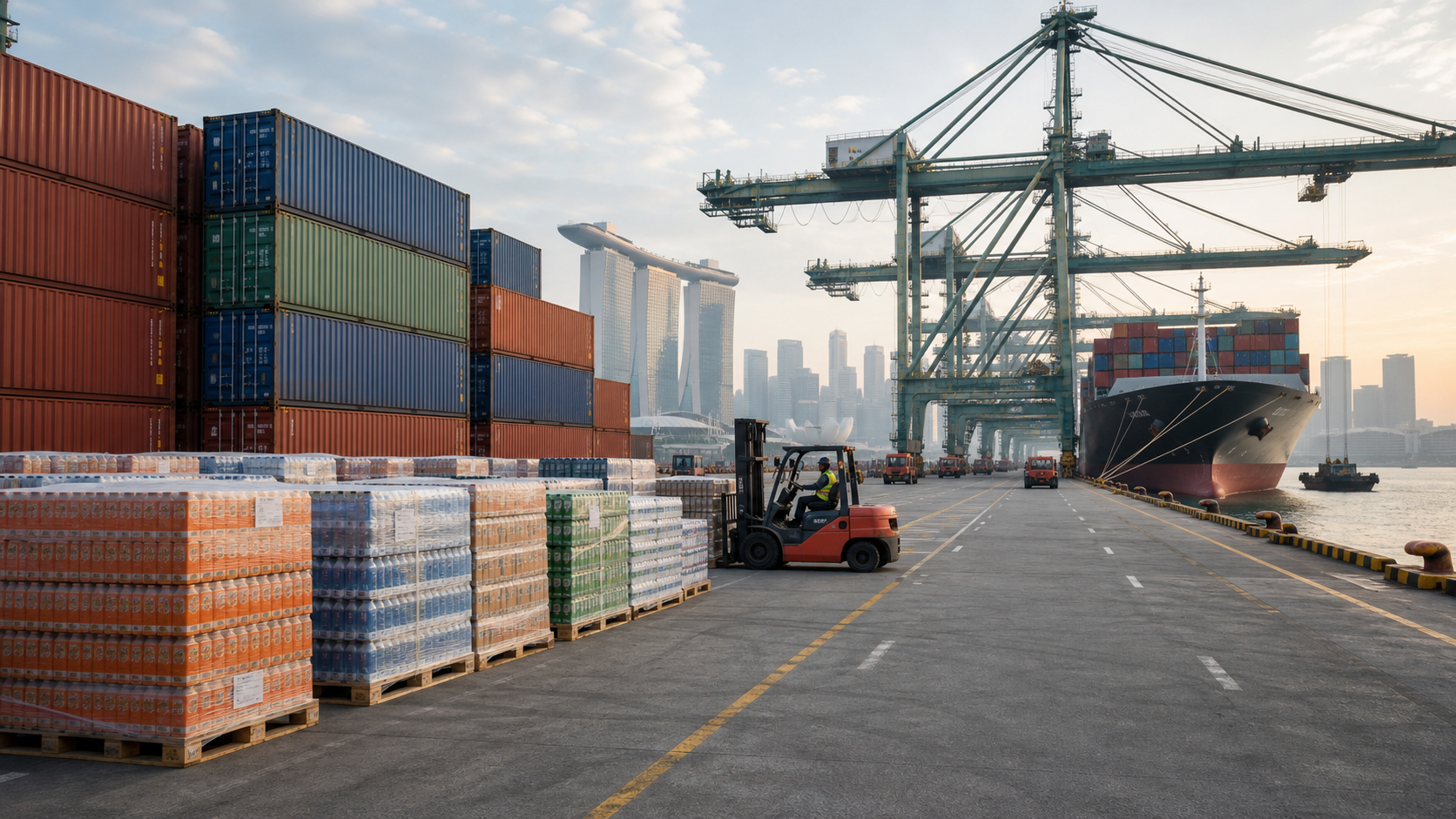 Beverage pallets and shipping containers at Singapore port with cranes