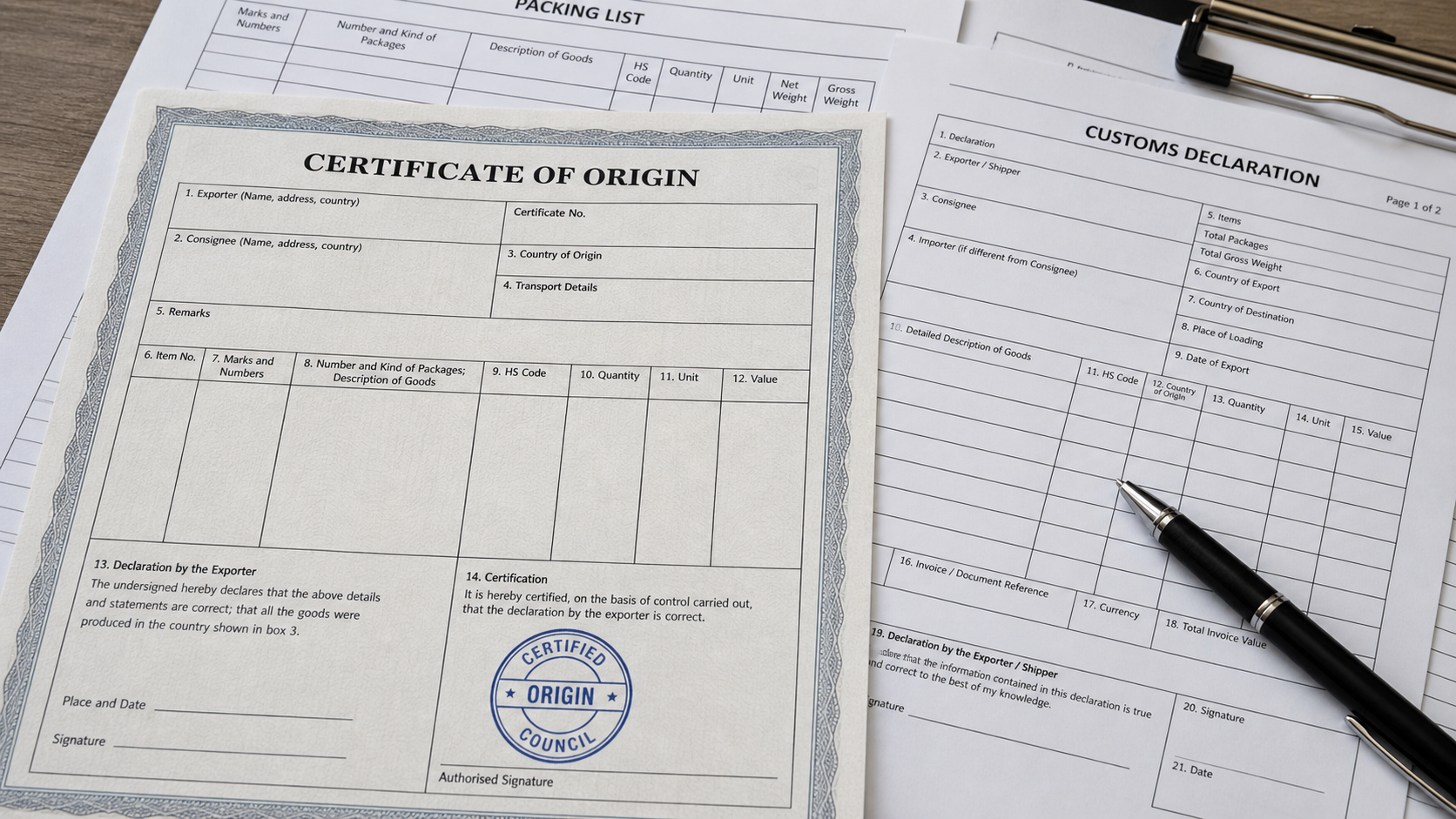 Closeup of stamped certificate of origin and customs documents for beverages