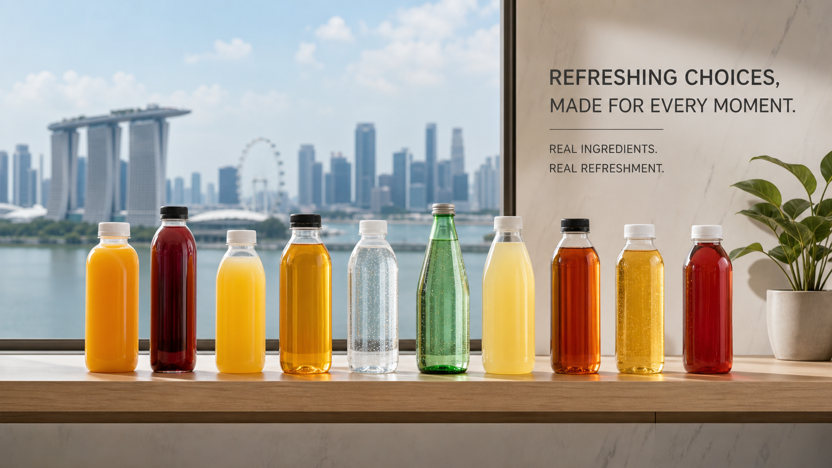 Assorted bottled drinks arranged on shelf with Singapore skyline background