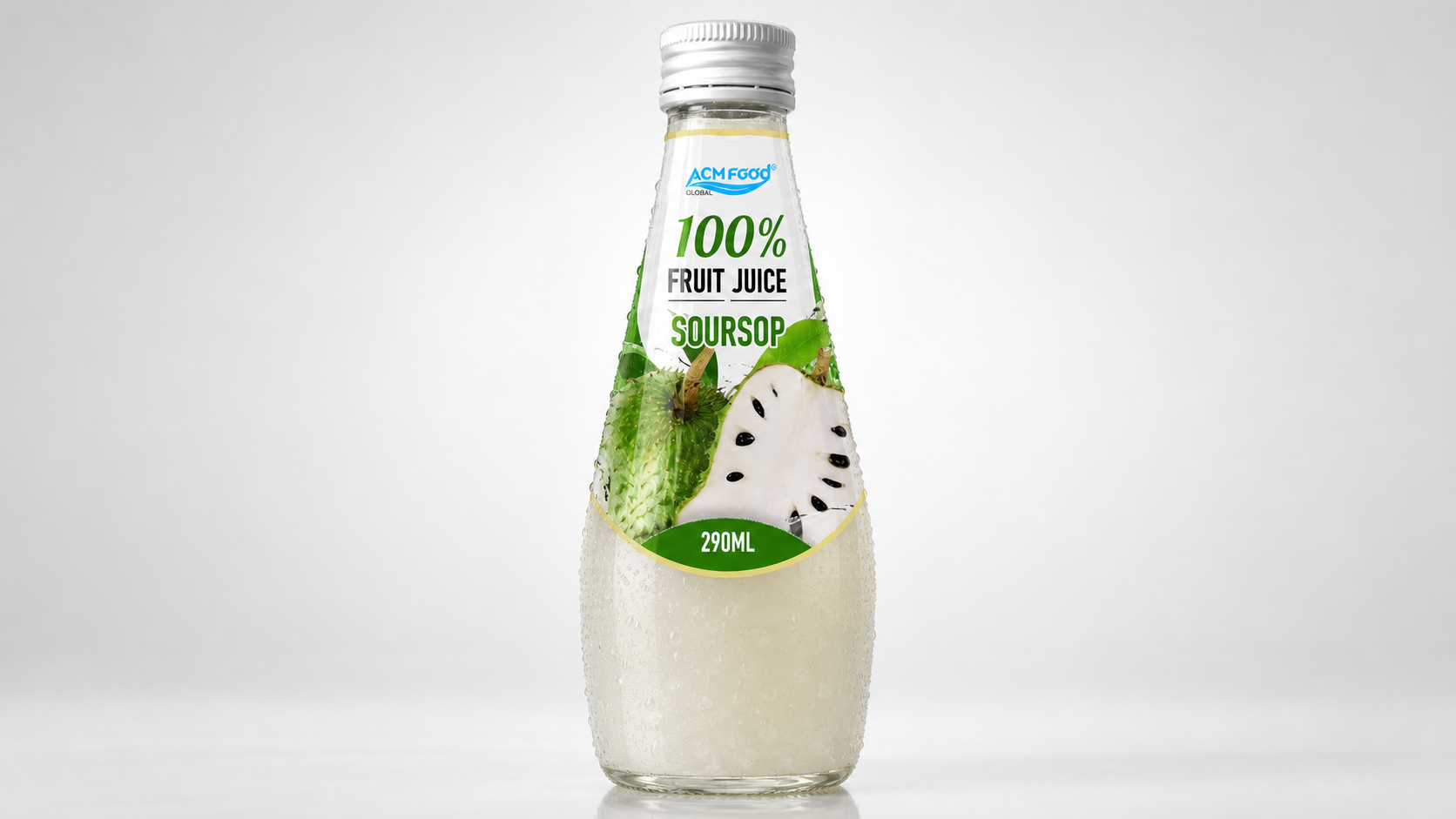 Close-up of pulpy soursop juice in clear bottle with condensation