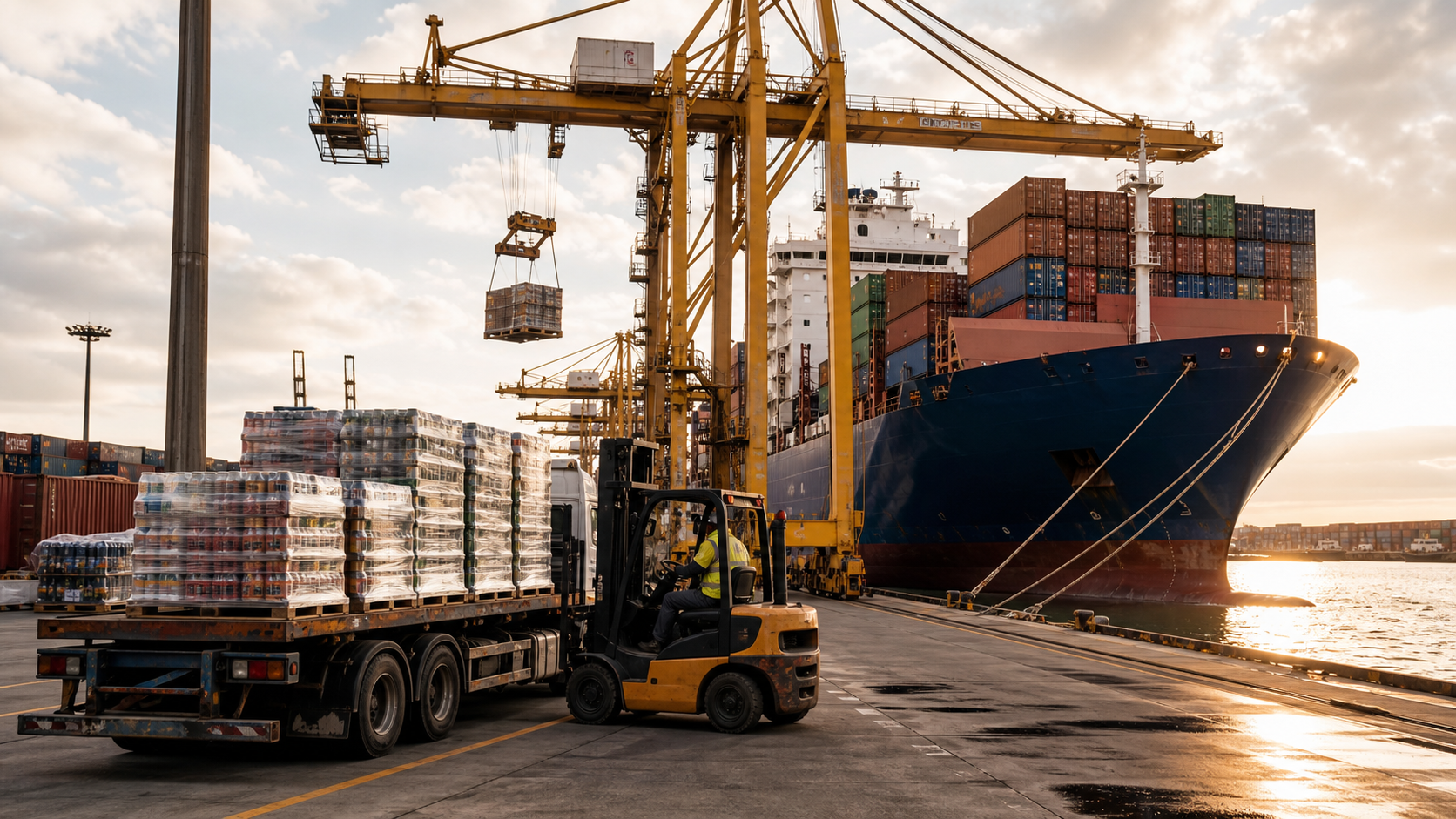 Containers at Port of Valencia unloading beverage pallets for customs clearance