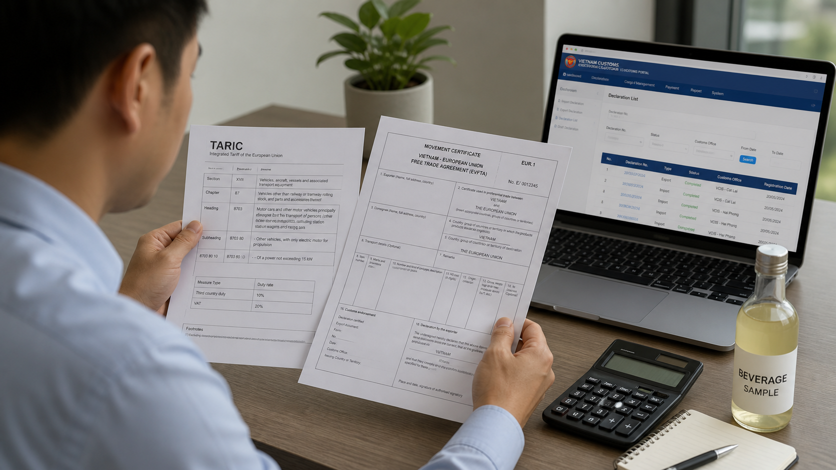 Customs broker reviewing TARIC code and EVFTA origin documents for Spain