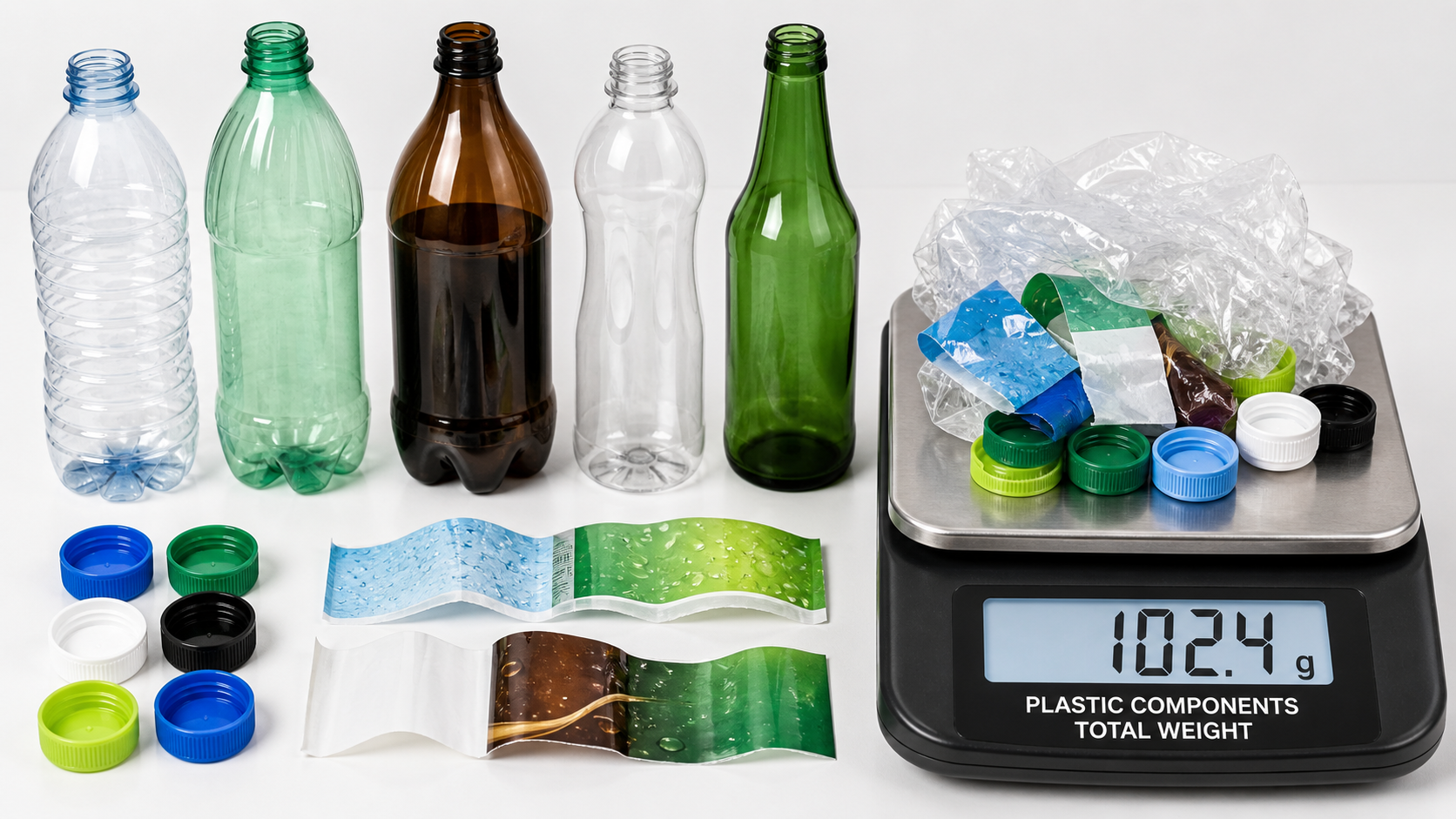 Assorted beverage bottles with plastic packaging components weighed for tax
