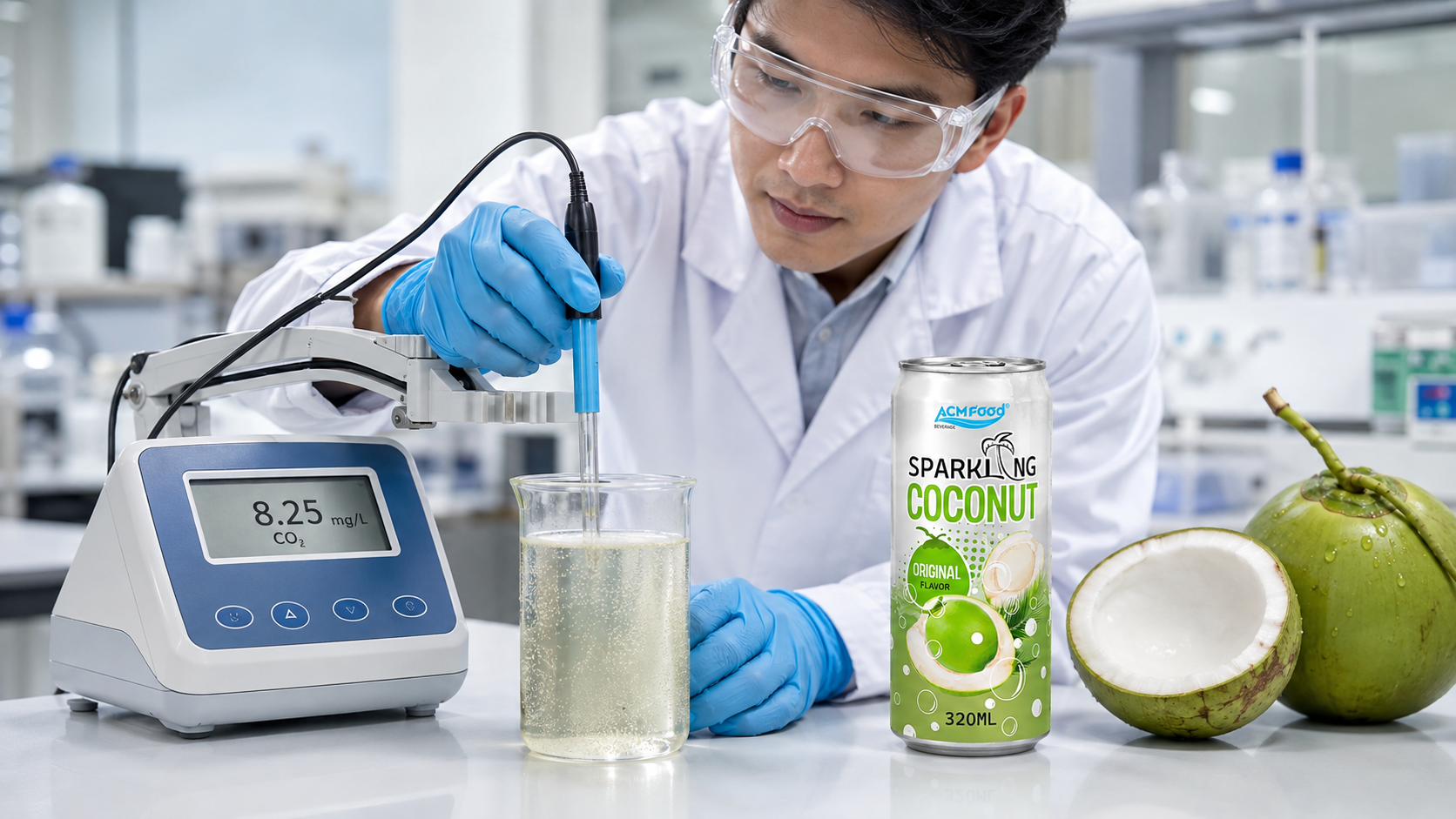 Laboratory technician measuring dissolved carbon dioxide in a beverage sample using benchtop equipment, bright clean lab lighting, commercial photography, landscape composition