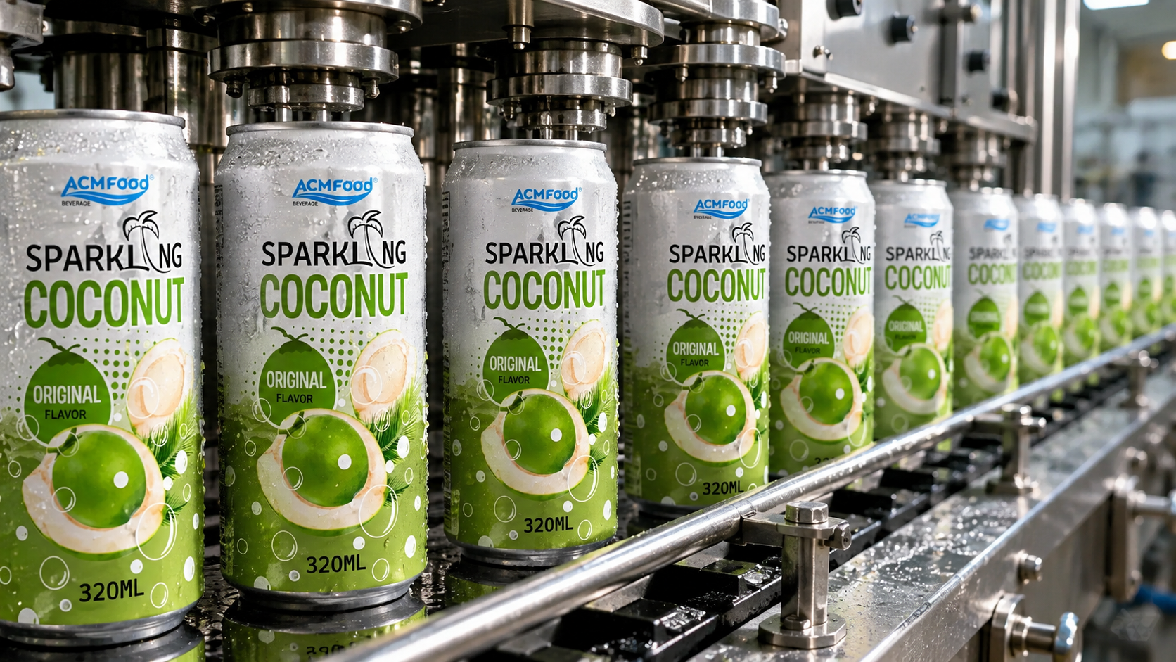 Rows of sealed sparkling beverage cans moving through a filling and seaming line, condensation visible on the metal, bright industrial lighting, commercial photography, landscape composition