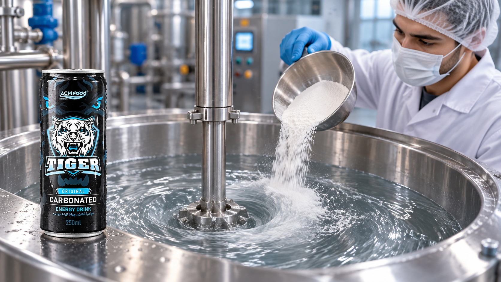 Close-up of a stainless steel batching tank with a technician in a hairnet dissolving white powder into clear liquid, visible vortex from the agitator, cool industrial lighting, shallow depth of field, realistic beverage manufacturing photography, landscape composition