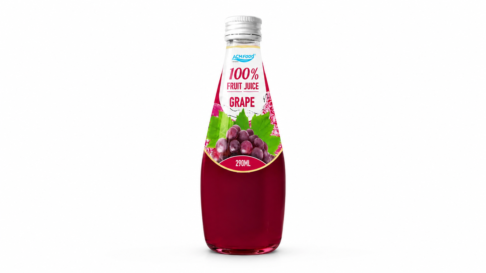 ACMFOOD 100% Fruit Juice Grape in a 290ml glass bottle, commercial product photography on white background