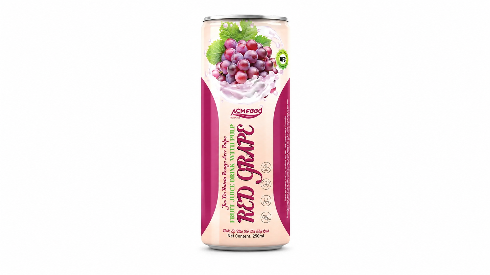 ACMFOOD Red Grape Fruit Juice Drink with Pulp in a 250ml aluminum can, commercial product photography on white background