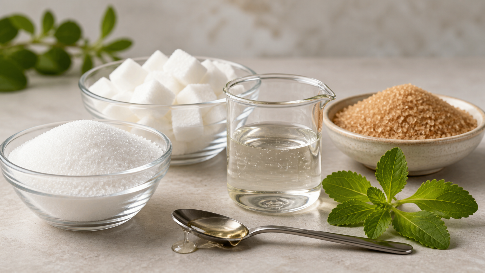 Assorted beverage sweeteners syrups crystals and stevia leaves on table
