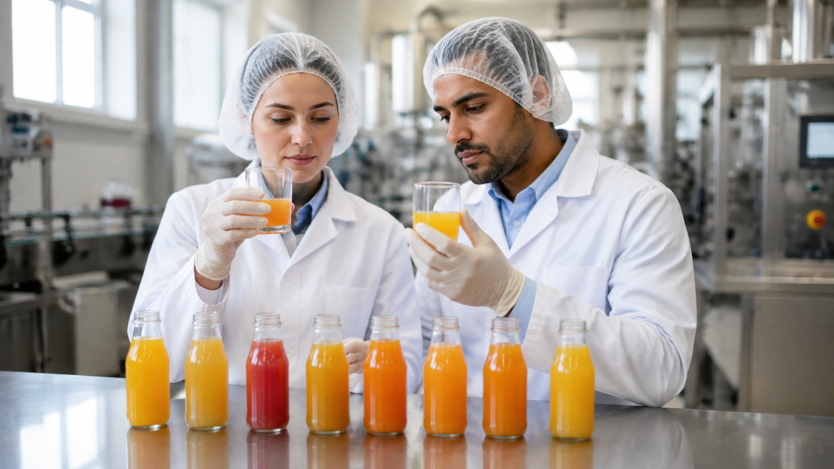 Two production line technicians comparing beverage samples side by side on a stainless steel workbench, commercial food photography, natural diffused light, landscape composition