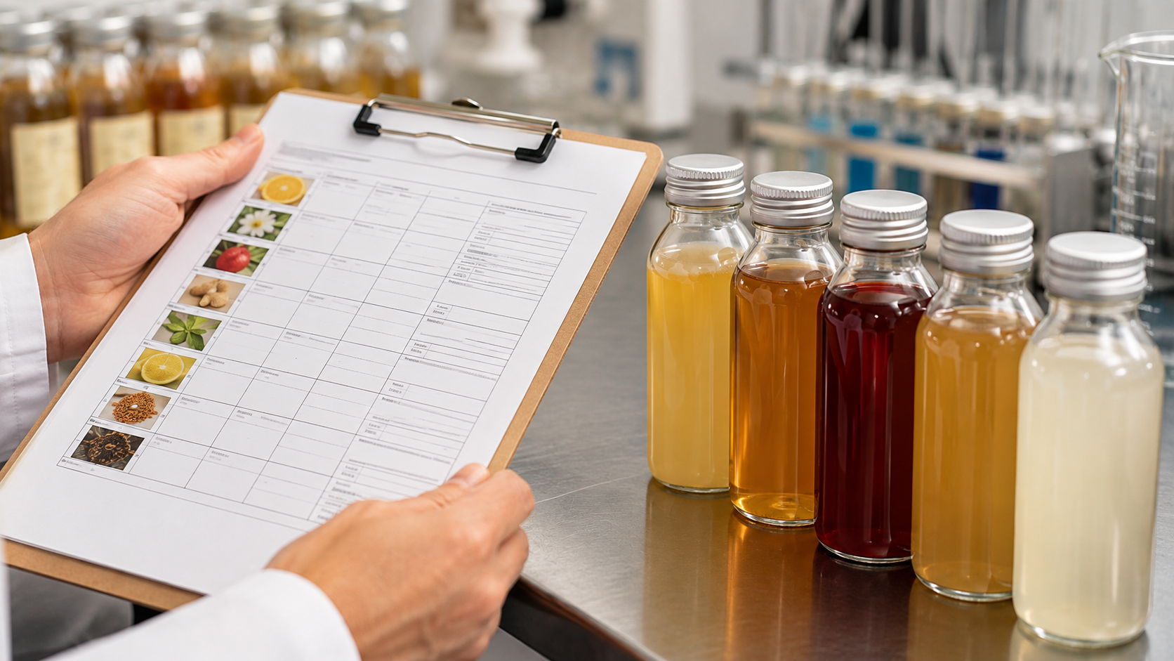 Close-up of hands holding a clipboard with a beverage ingredient specification sheet next to sealed sample bottles on a lab bench, soft studio lighting, commercial product photography, landscape composition