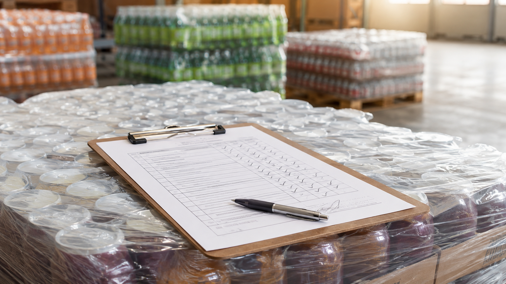 Quality control clipboard with a signed transfer checklist resting on packed beverage cases in a warehouse, soft natural light, commercial photography, landscape composition
