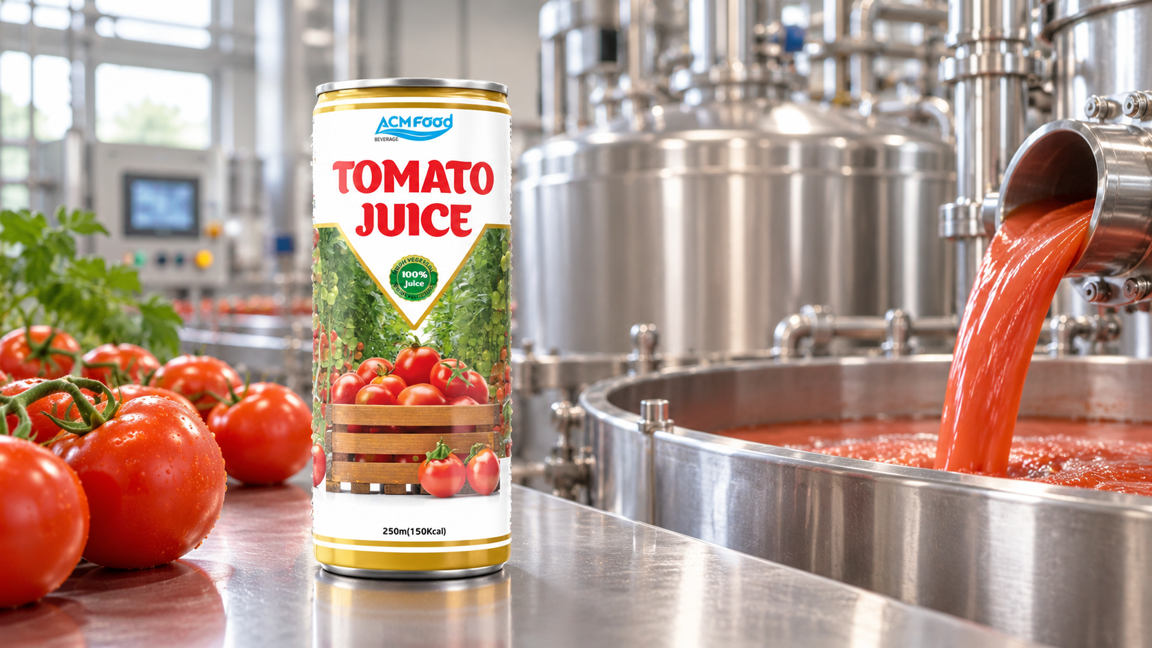 Stainless steel processing tanks used to prepare vegetable juice in a beverage plant