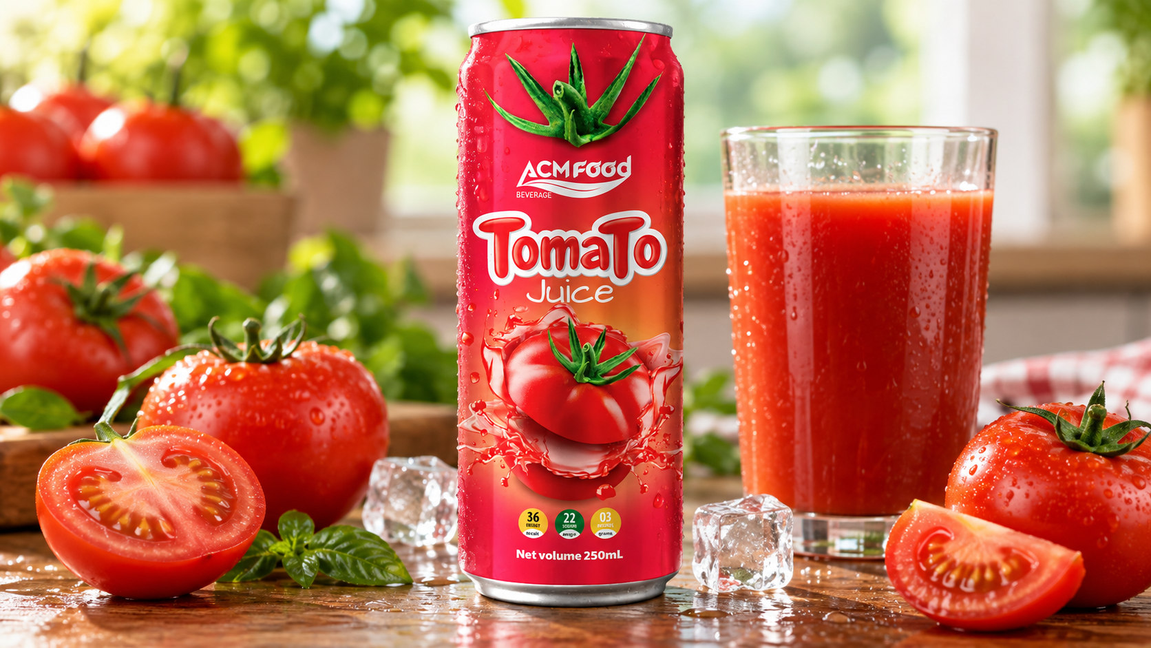 250ml ACM fresh tomato juice drink in an aluminium slim can