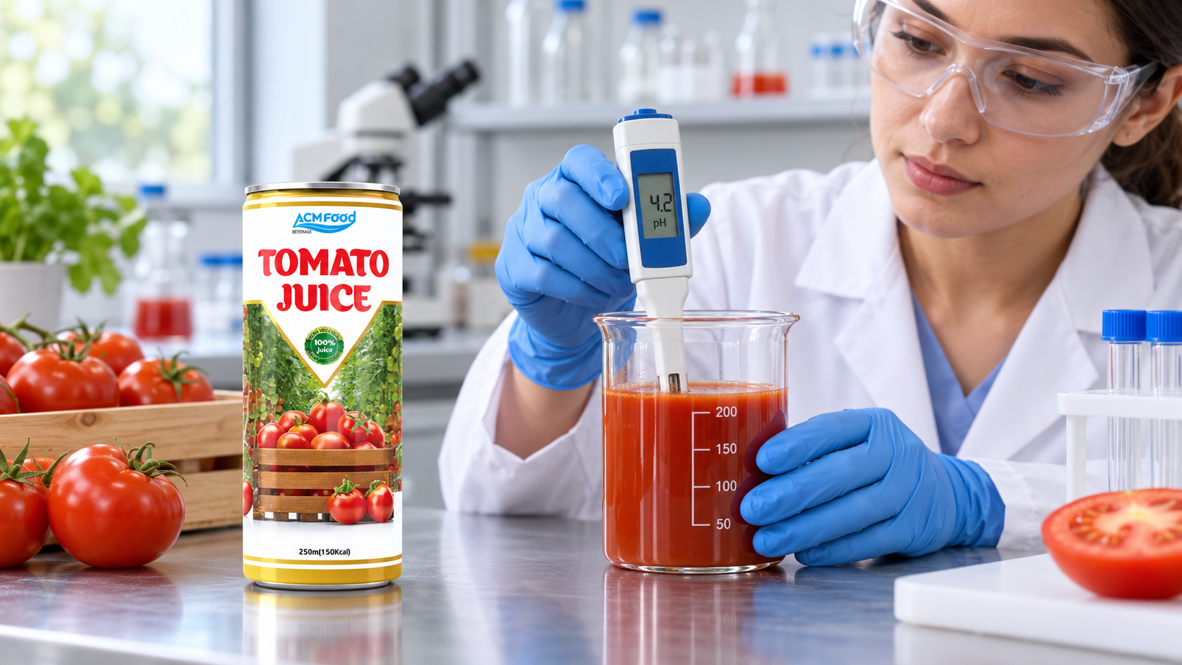 Quality technician measuring pH of a vegetable juice sample in a laboratory