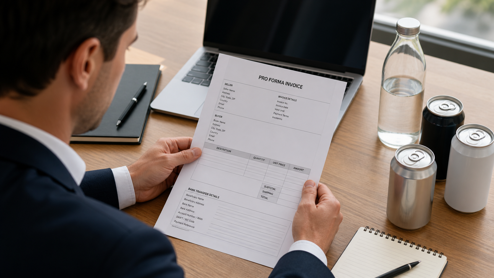 Buyer reviewing proforma invoice with T/T bank details beside beverage samples