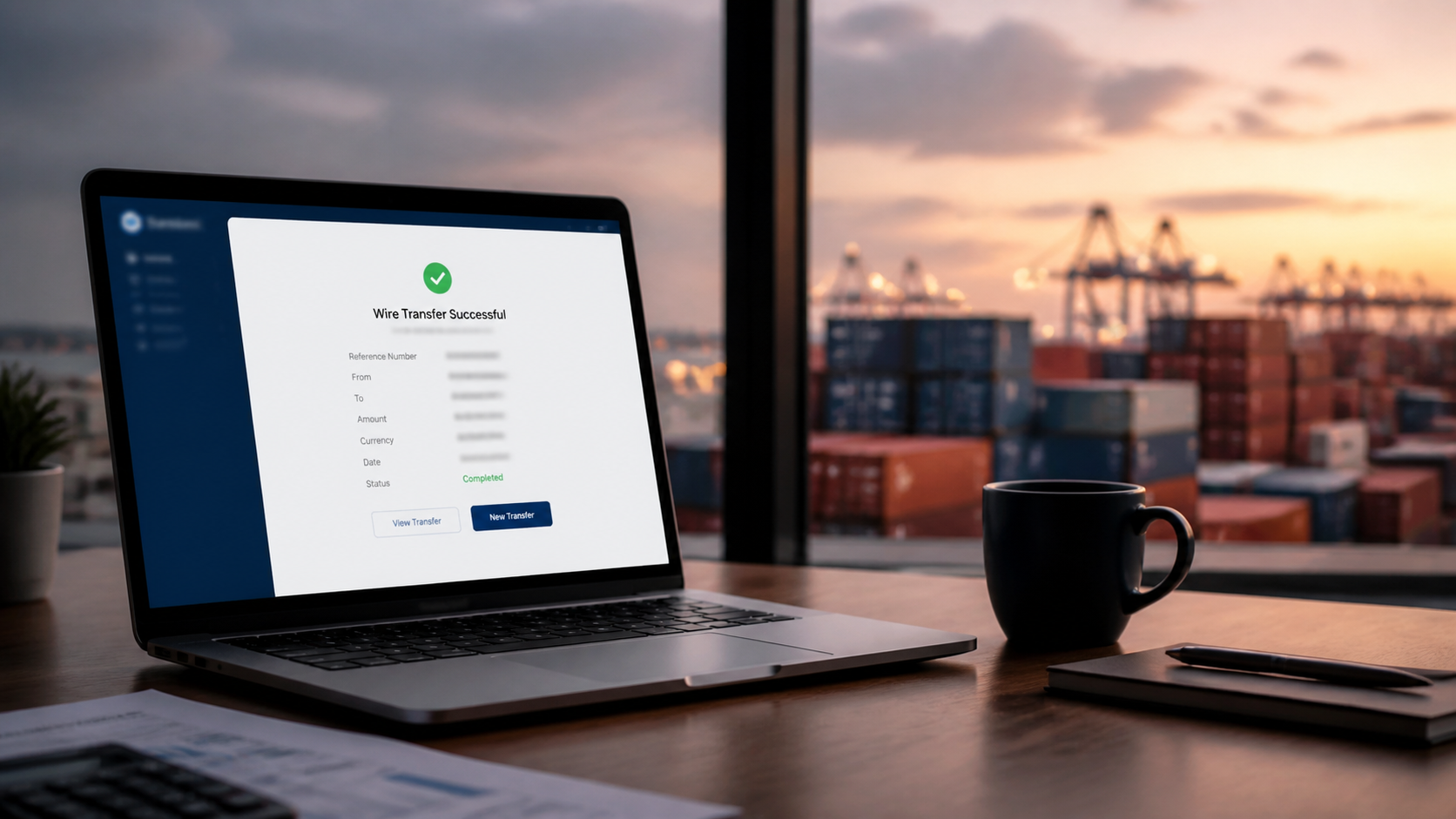 Wire transfer confirmation on laptop with shipping containers in background