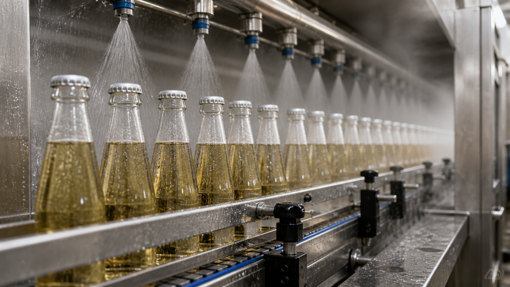 Conveyor of bottled drinks in a tunnel pasteuriser spray zone