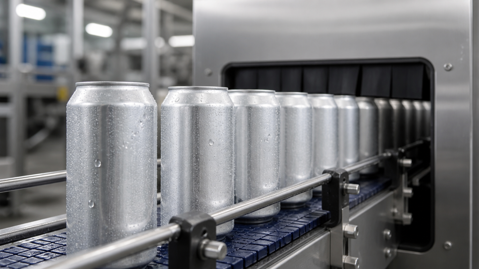 Aluminium cans after pasteurisation drying on a packaging line