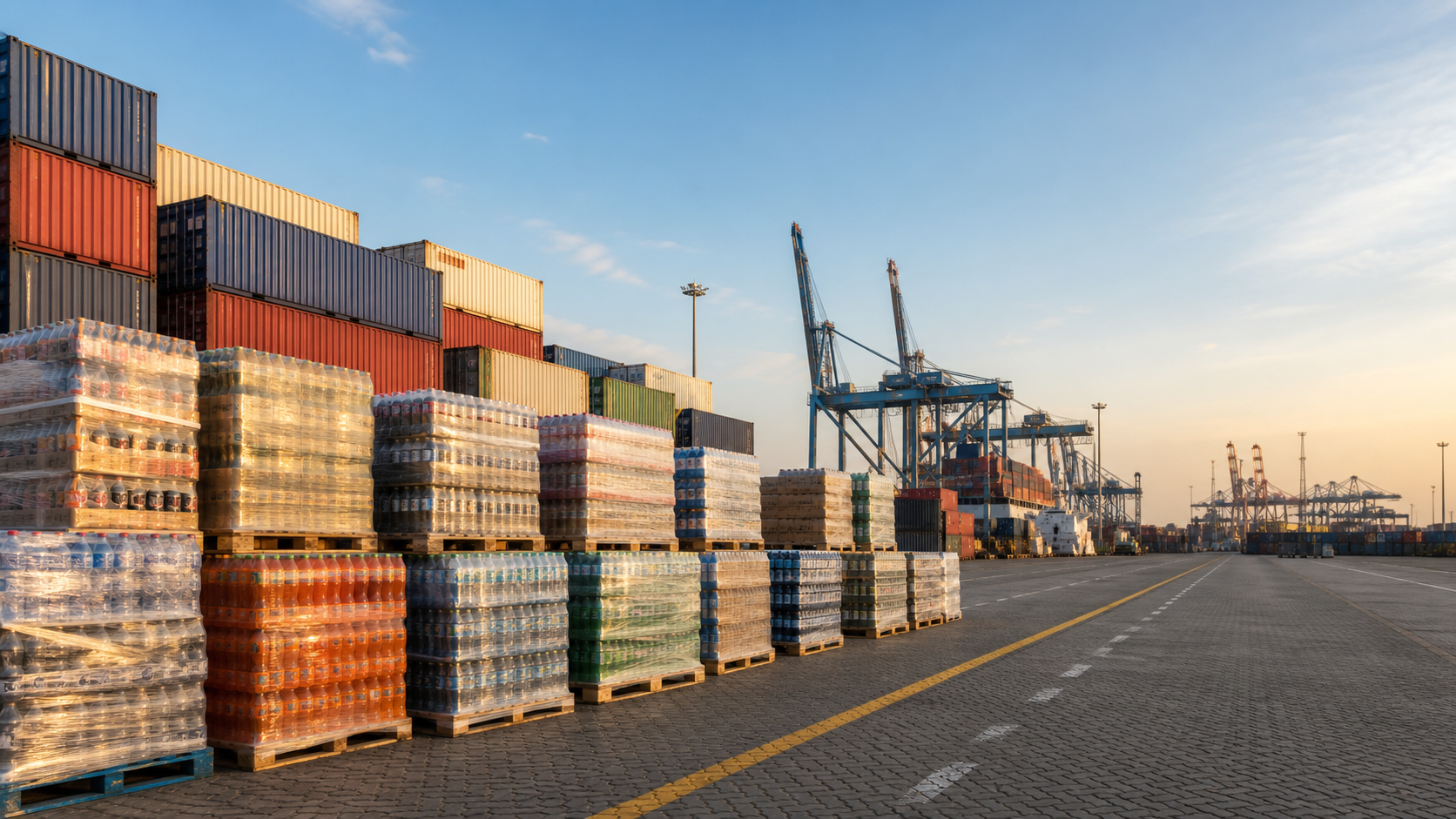 Shipping containers at Jebel Ali with palletized beverage cartons