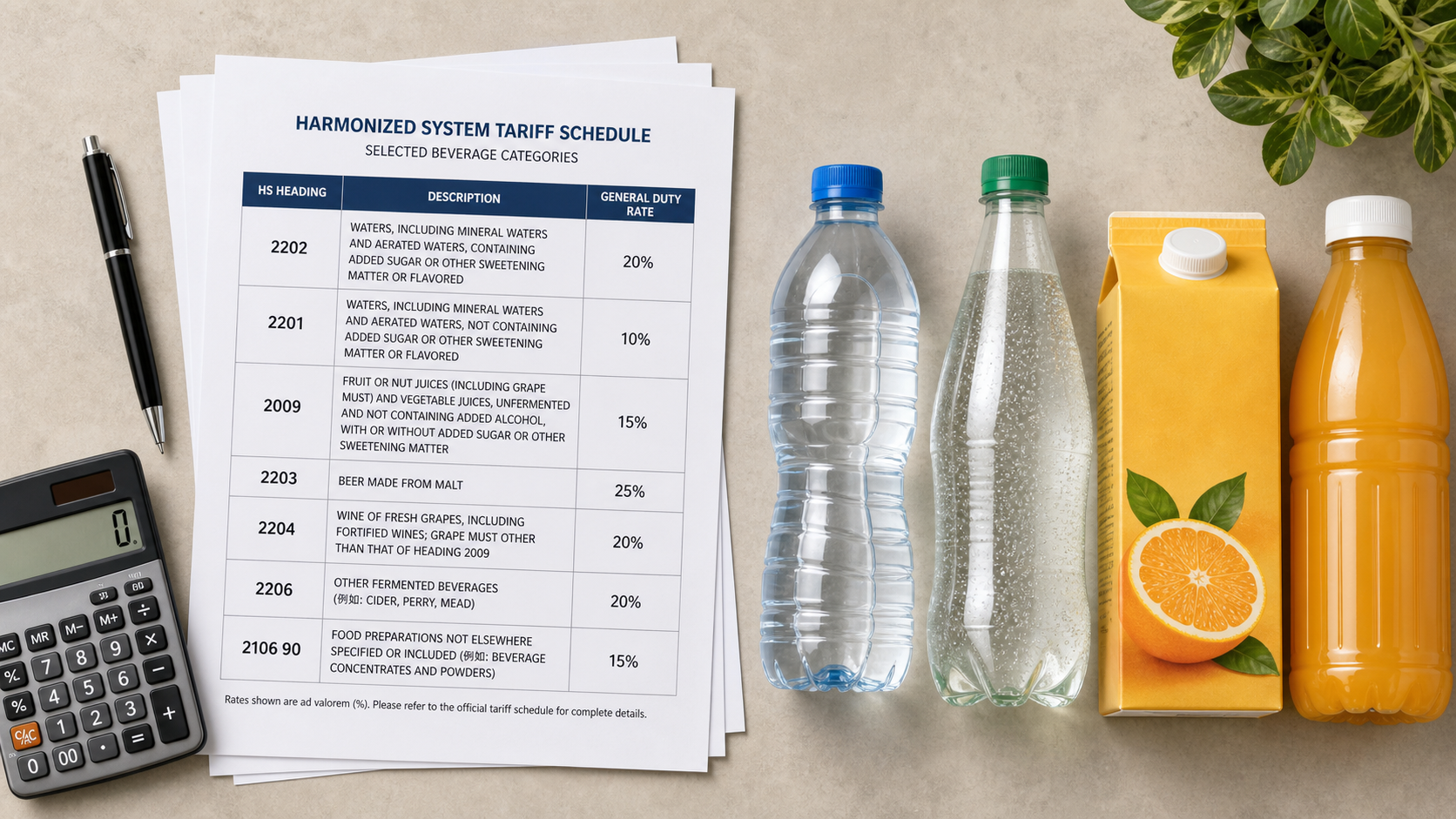 HS code classification paperwork beside assorted non alcoholic beverages