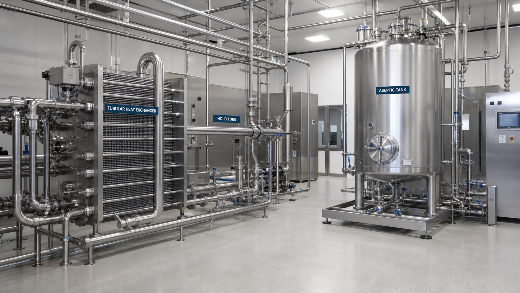 Stainless UHT system with tubular heat exchanger, hold tube and aseptic tank