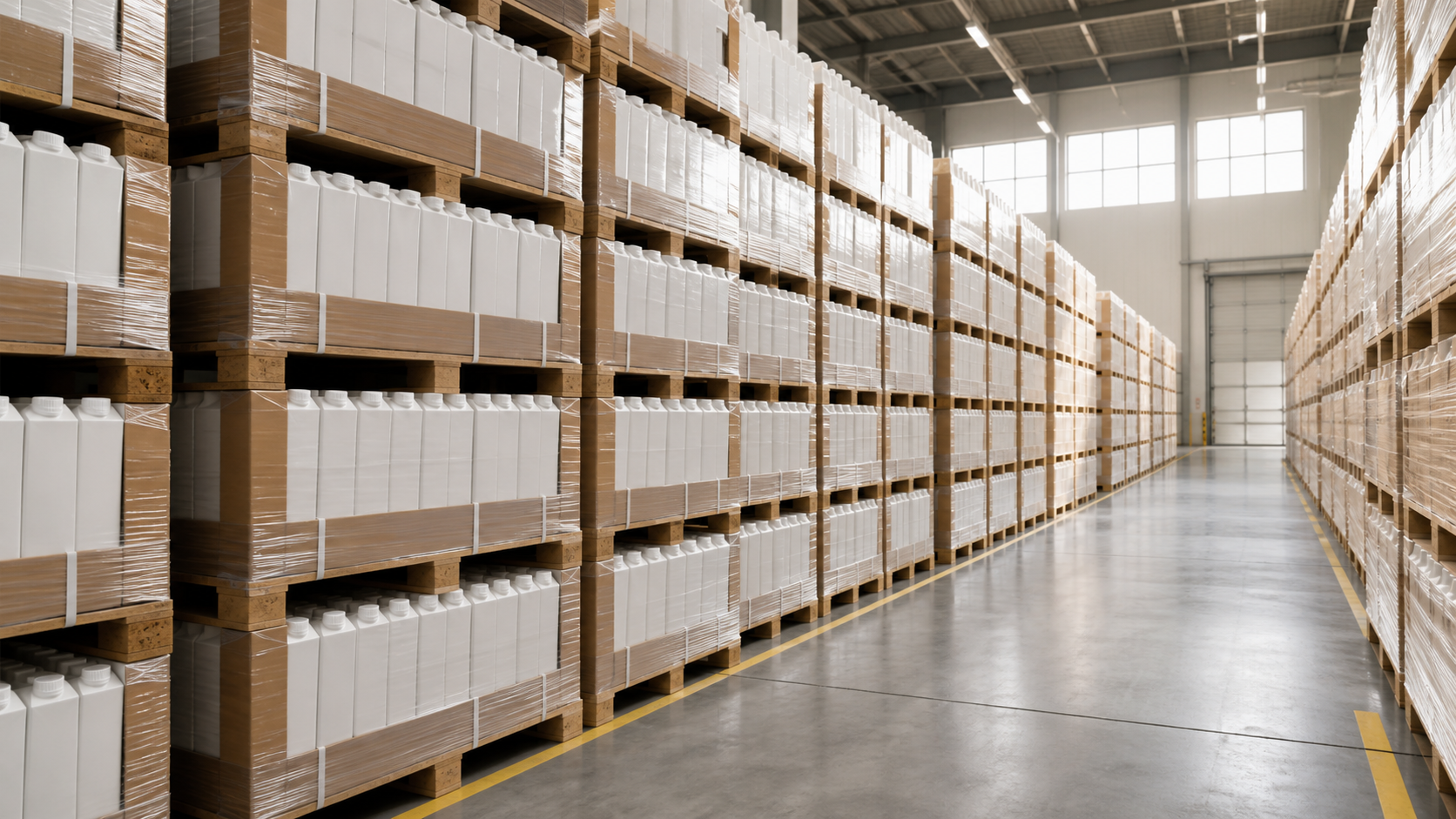 Shelf-stable beverage cartons stacked on pallet in clean warehouse aisle