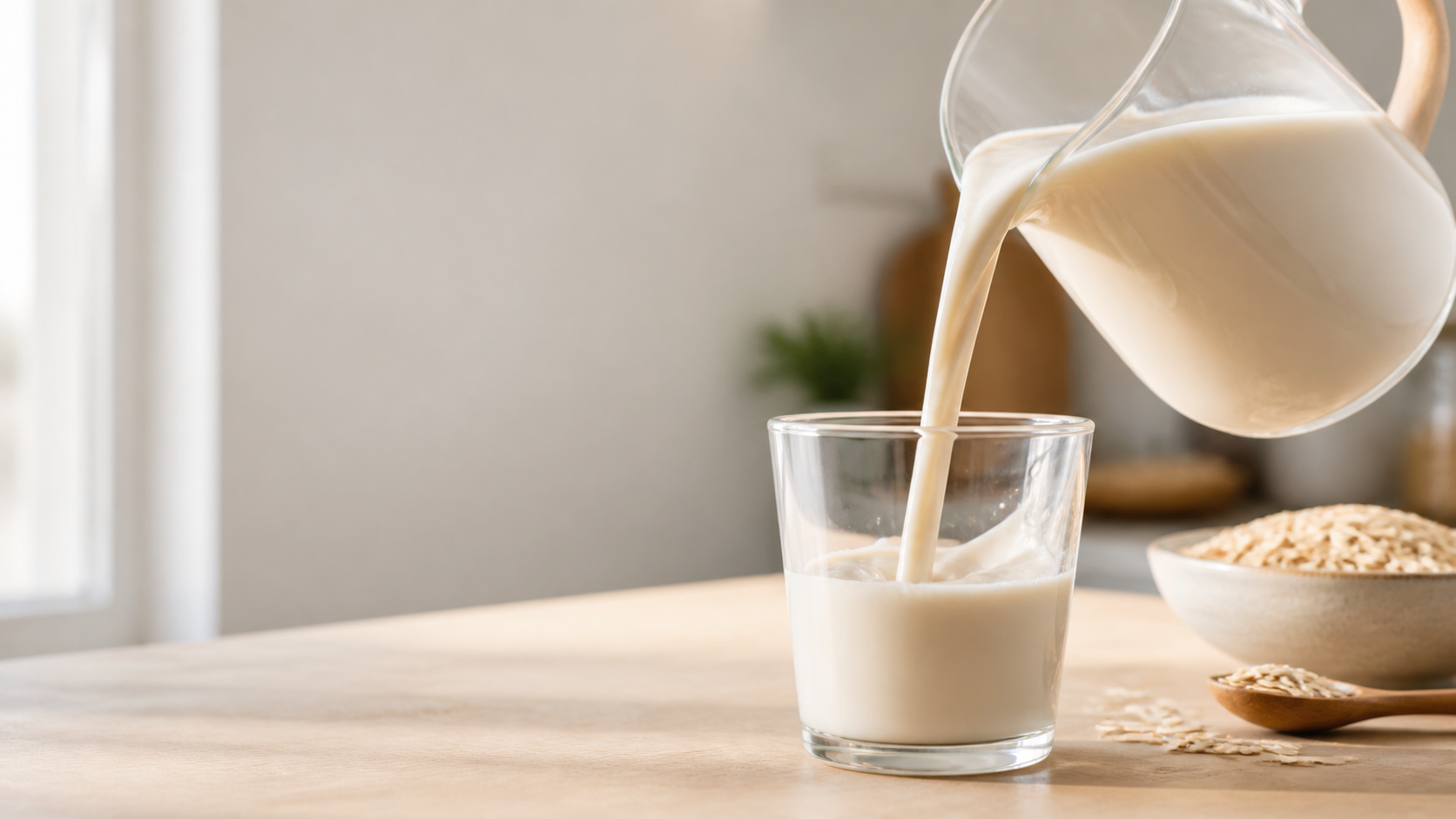 Pouring UHT processed oat milk into clear glass on kitchen counter
