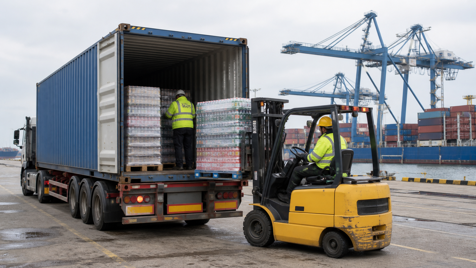 Container truck at Port of Felixstowe unloading beverage pallets under cranes