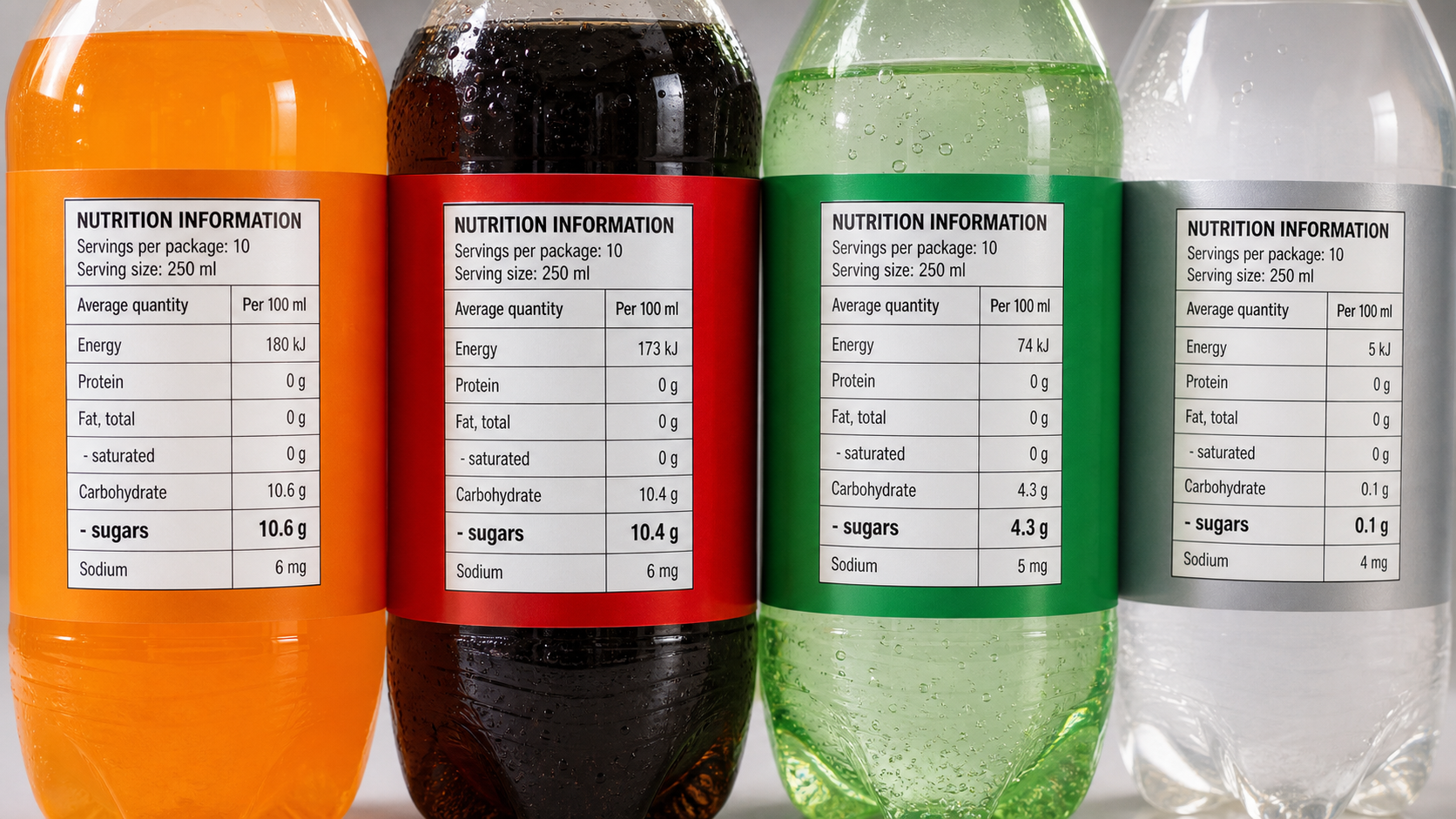 Close-up soft drink labels showing sugar per 100 ml for SDIL bands
