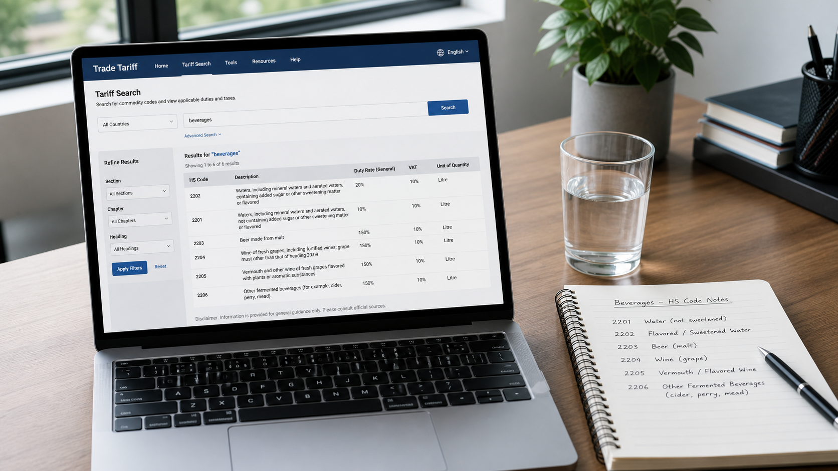 UK Trade Tariff on laptop searching HS codes for beverage import