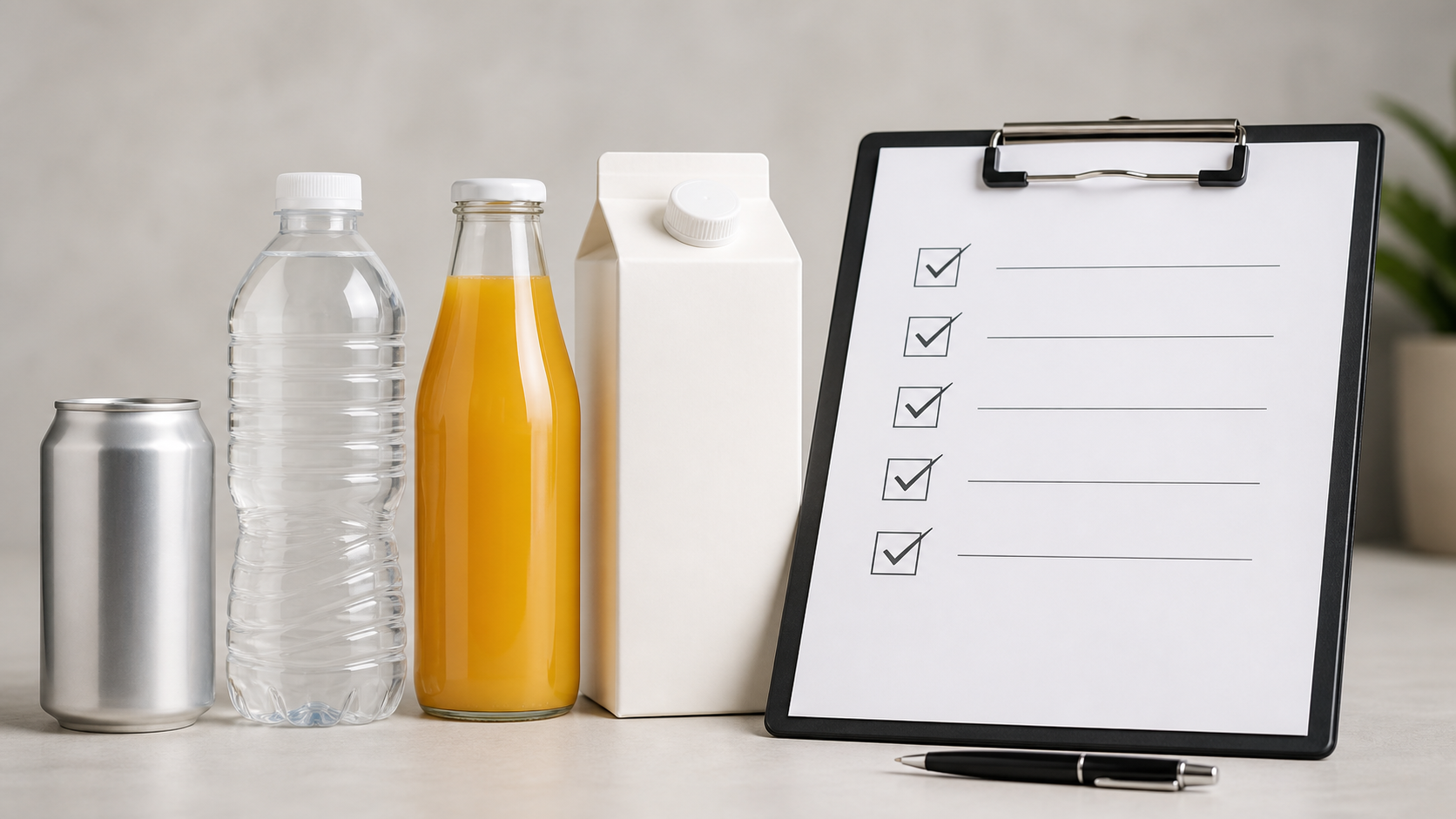 Assorted beverage bottles and cans beside a compliance checklist clipboard