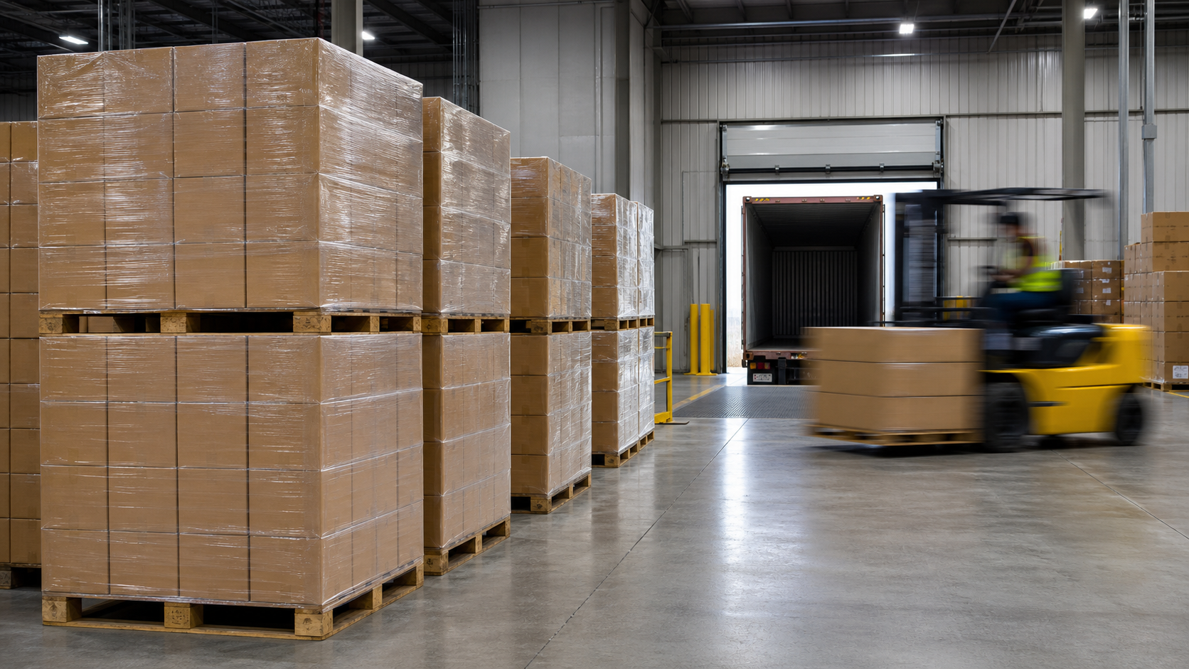 Palletized beverage cartons in a warehouse ready for U.S. customs inspection