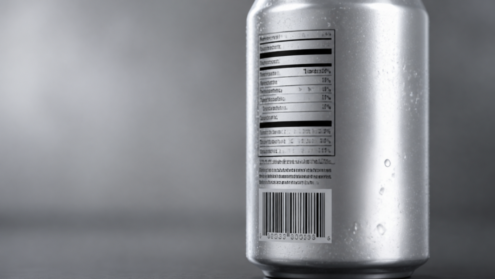 Close-up of generic Nutrition Facts panel on a silver beverage can with barcode