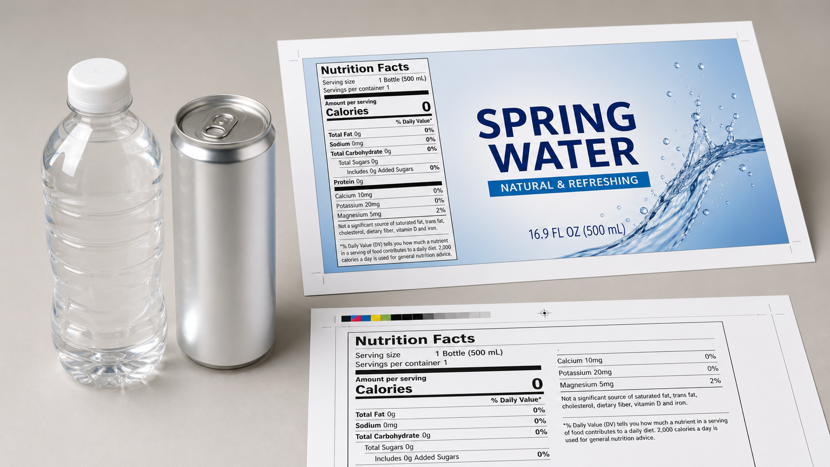 Checklist and beverage bottles showing U.S. Nutrition Facts and front labels