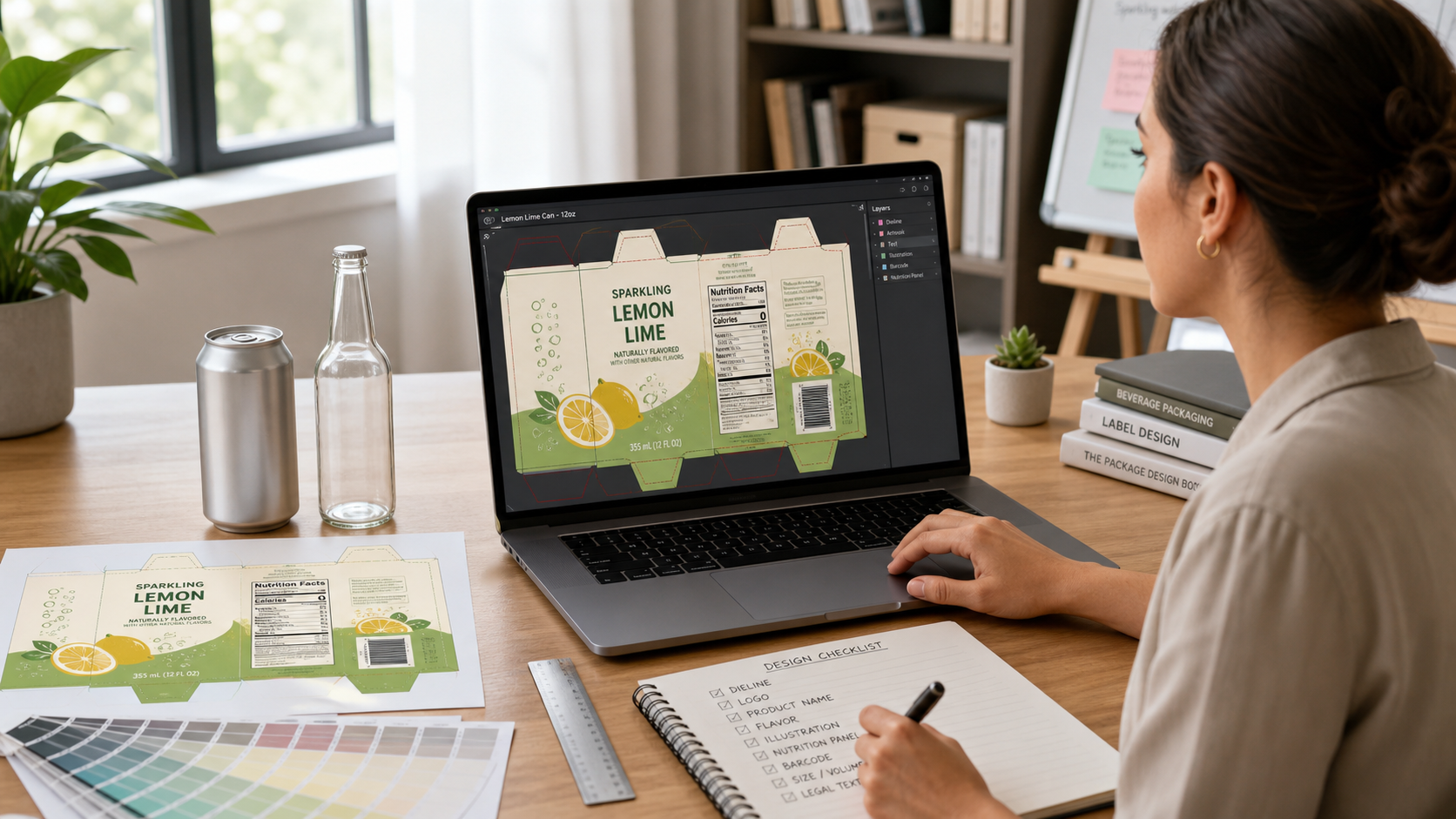 Designer reviewing imported drink label artwork on a laptop with dielines
