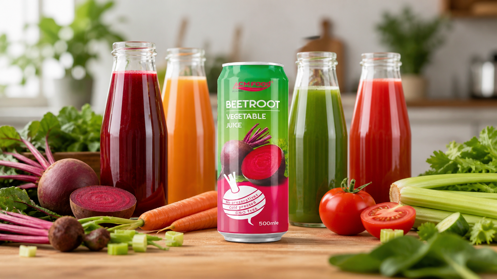 Assorted vegetable juices in glass bottles with fresh carrots and tomatoes
