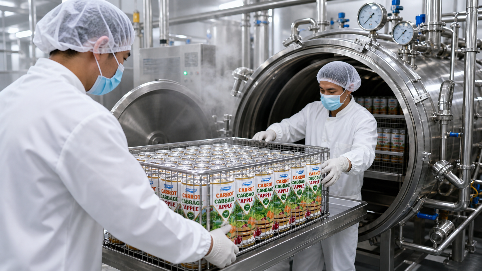 Operators loading cans into a food retort for shelf-stable vegetable drinks