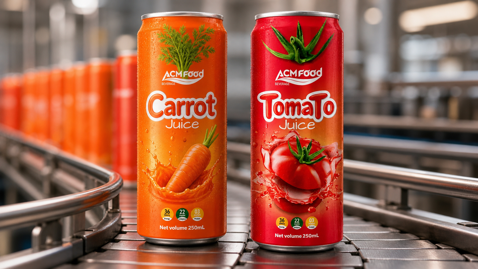 Close-up of carrot juice and tomato juice bottles on production line