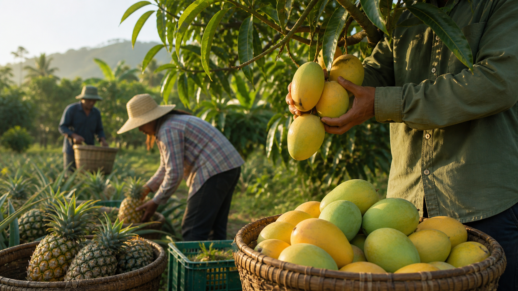 Harvest team collecting ripe mangoes and pineapples on a tropical farm