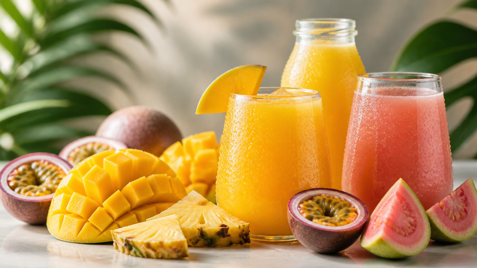 Close-up of tropical fruit juices with mango pineapple guava and passion fruit