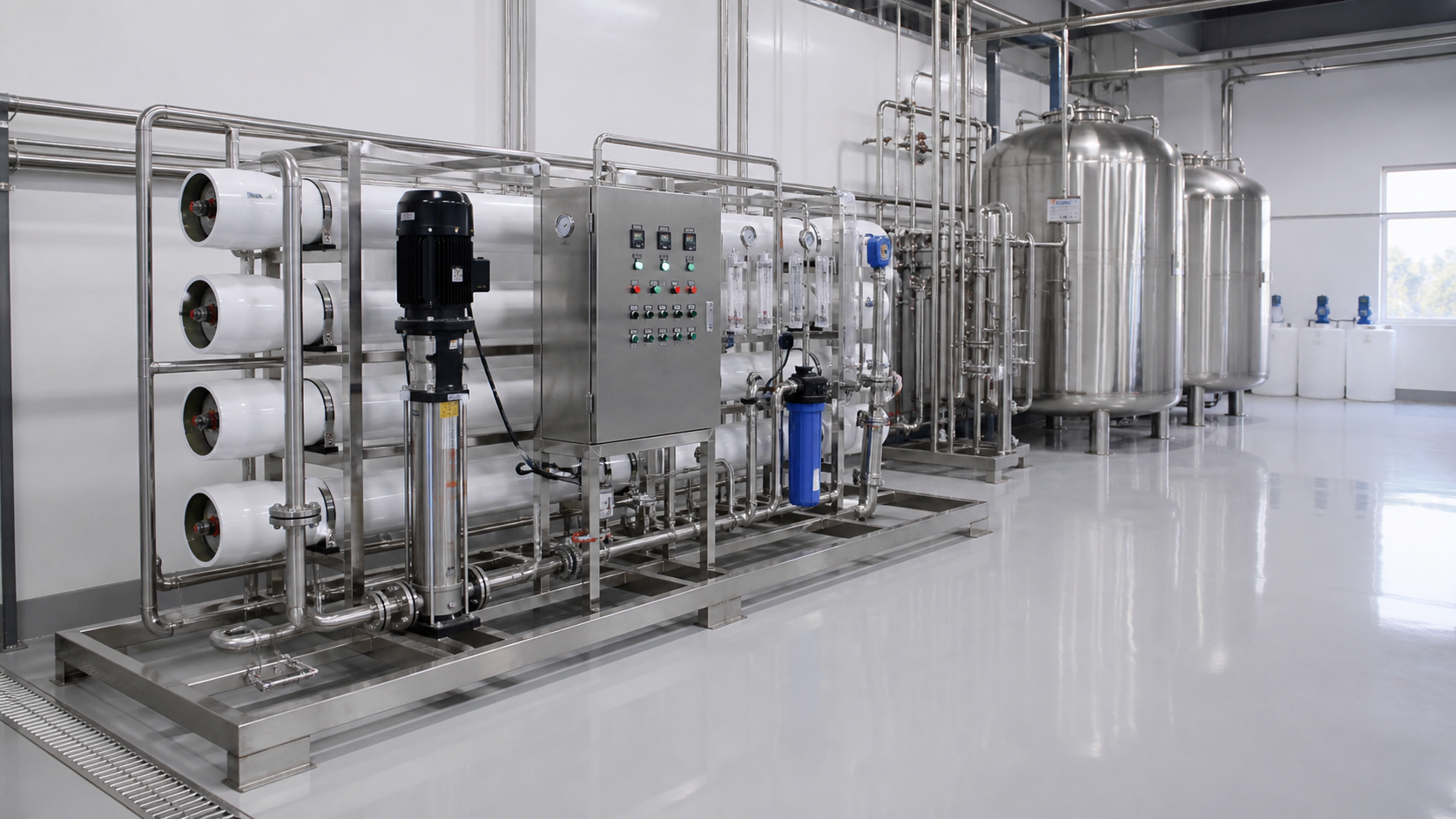 Beverage plant water treatment room with RO skid and stainless steel tanks