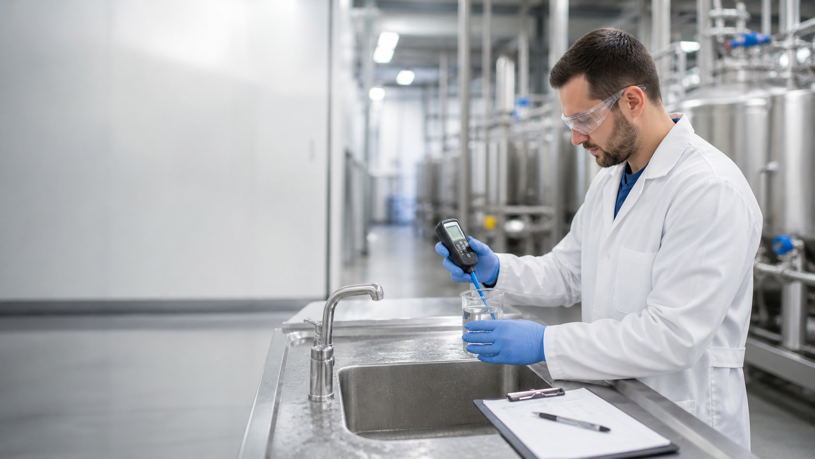 Technician testing process water quality with handheld meter at sink