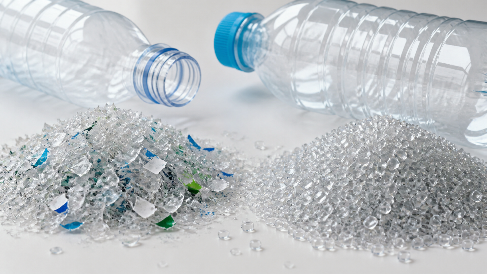Clear rPET pellets and bottle flakes beside empty PET bottles