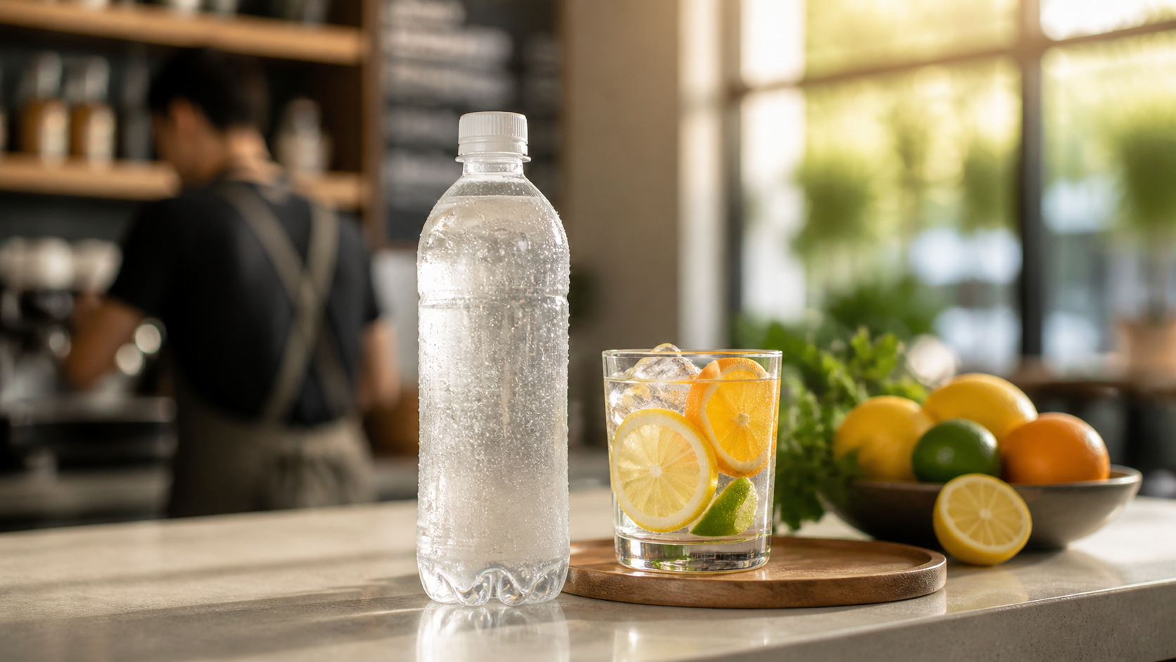 Iced beverage in rPET bottle on café counter with natural light