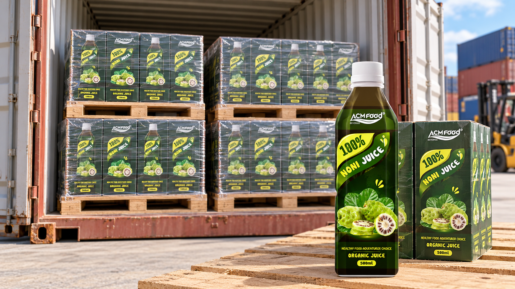 Pallets of beverage cartons arranged inside an open shipping container